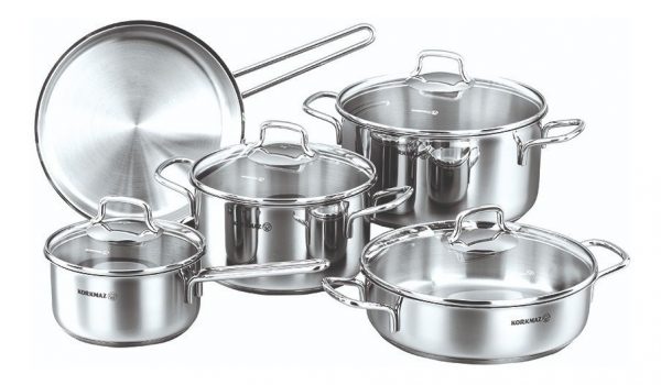 Batería Cocina, 9 Piezas Perla Acero, Resiste Calor, Korkmaz